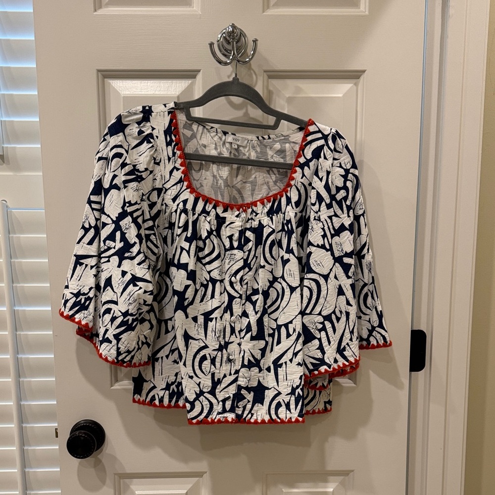 Navy & White Printed Blouse with Orange Trim by Voy
